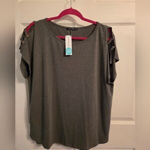 Pink Clover Olive Gray Cold-Shoulder Short Sleeve Top